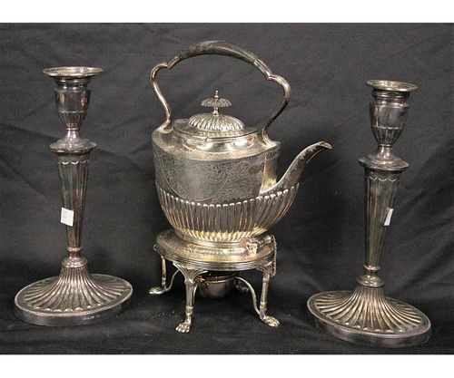 PAIR OF SILVER PLATED CANDLESTICKS AND TEAPOT