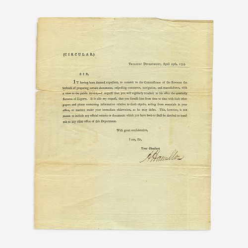 [Hamilton, Alexander] [Treasury Department] Printed Treasury Department Circular, signed
