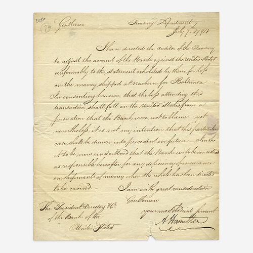 [Hamilton, Alexander] [First Bank of the United States] Letter, signed