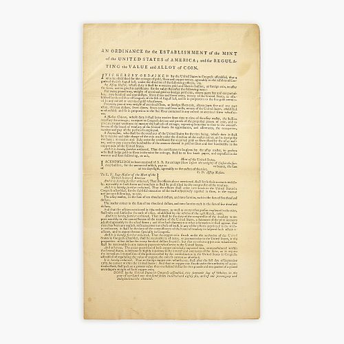 [Hamilton, Alexander] [United States Mint] An Ordinance for the Establishment of the Mint of the United States of America; and for Regulating the Valu