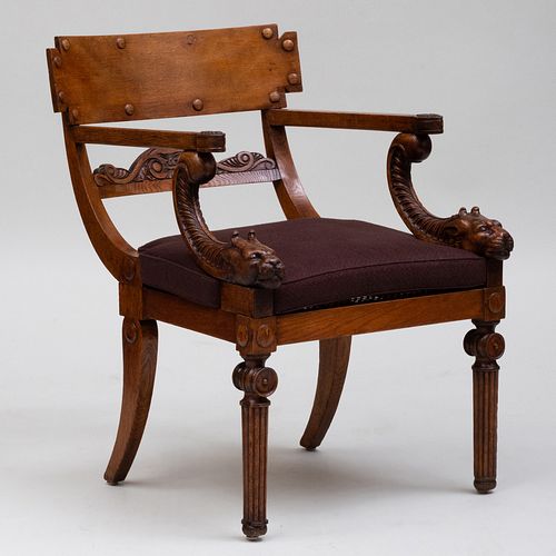 Regency Carved Oak and Caned Armchair in the Manner of Thomas Hope