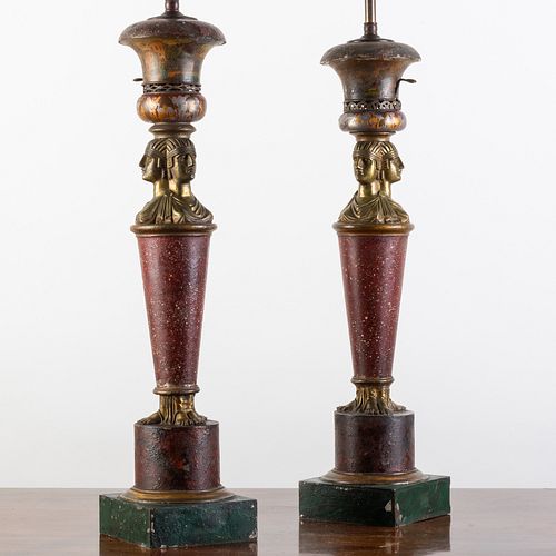 Pair of French TÃ´le and Metal Faux Porphyry Lamps, in the Egyptian Taste