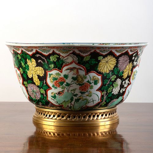Chinese Famille Noir Porcelain Bowl and a Gilt-Metal Stand