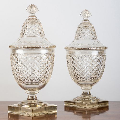 Pair of Large George III Style Cut Glass Urns and Covers