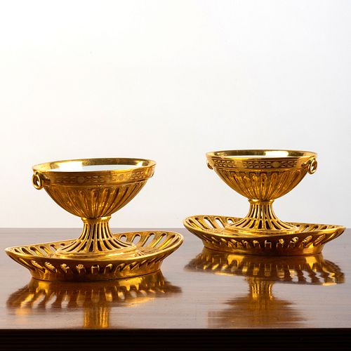 Pair of Continental Gilt Decorated Porcelain Sauce Tureens on Fixed Stands, Probably Paris