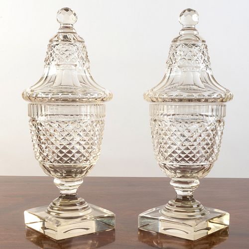 Pair of English Cut Glass Sweetmeat Cups and Covers