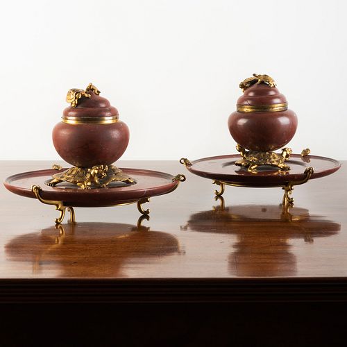 Pair of Continental Gilt-Bronze-Mounted Rouge Royale Marble Inkwells