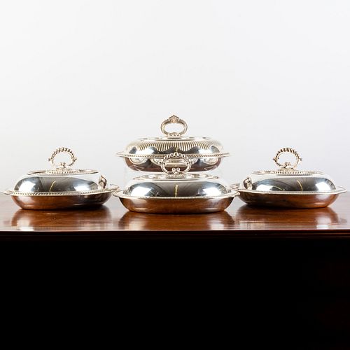 Group of Four Oval Silver Plate Entree Dishes and Four Covers