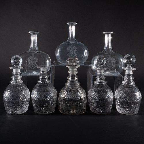 Group of Eight Cut Glass Decanters and Five Stoppers