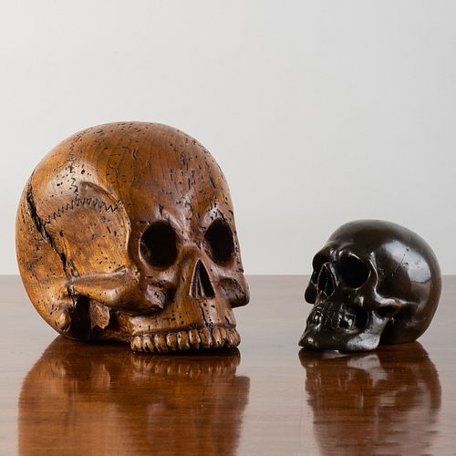 Continental Carved Wood Model of Skull and a Bronze Model of a Skull