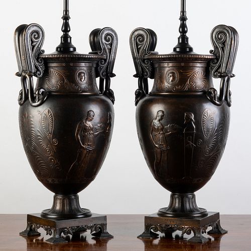 Pair of Italian Neoclassical Bronze Krater Form Urns Mounted as Lamps