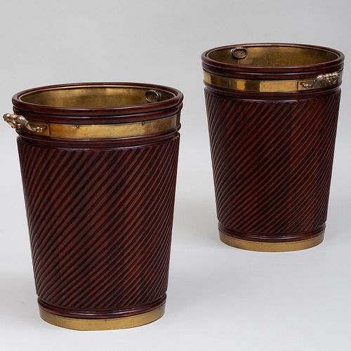 Pair of Large Regency Style Brass-Mounted Mahogany Peat Buckets, Possibly Irish