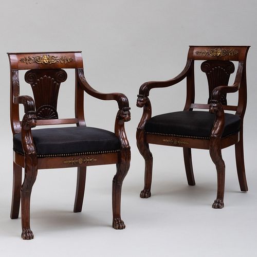 Pair of Fine Regency Gilt-Metal-Mounted Mahogany Armchairs, Possibly Continental