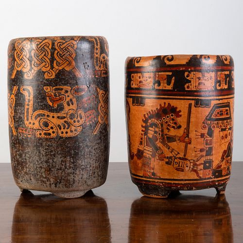 Two Pre-Columbian Polychrome Painted Pottery Cylindrical Footed Vessels,  Possibly Mixtec