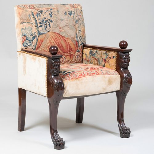 Continental Neoclassical Style Carved Mahogany and Tapestry Upholstered Armchair