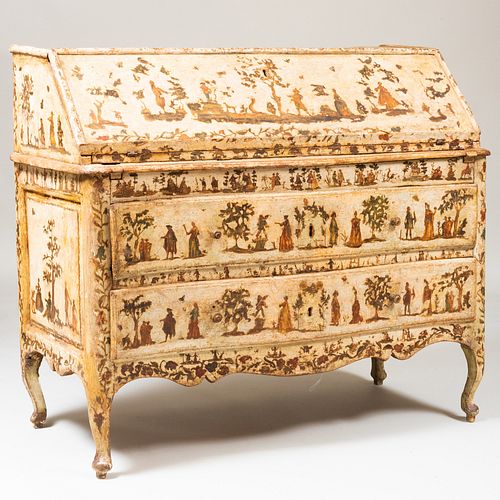 Italian Rococo Painted and Lacca Povera Slant-Front Desk