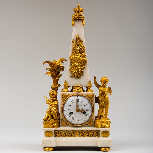 Louis XVI Style Gilt-Bronze-Mounted White Marble Obelisk Mantle Clock, Signed Jean LÃ©onard Roque 