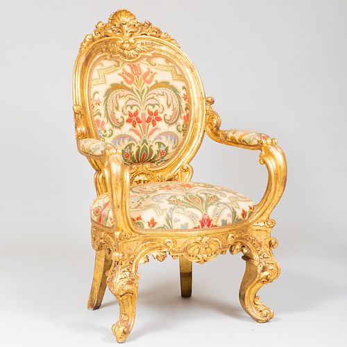Large and Unusual Italian Rococo Style Giltwood Armchair