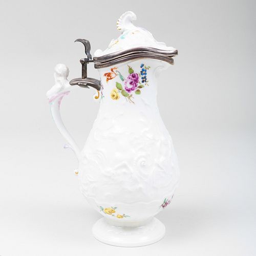Metal-Mounted Meissen Porcelain Jug and Cover