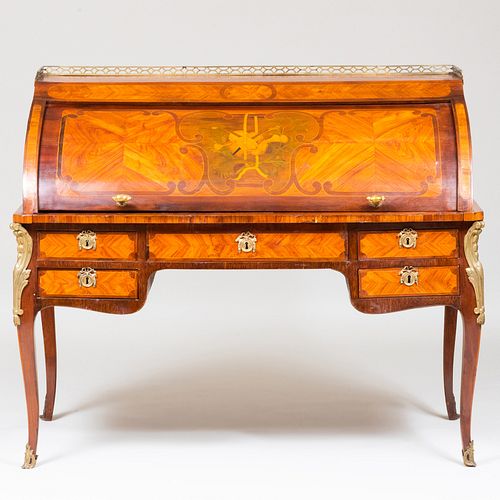 Louis XV Ormolu-and Brass-Mounted Tulipwood and Amaranth Marquetry Bureau Ã  Cylinder, Possibly by Denis Gentry