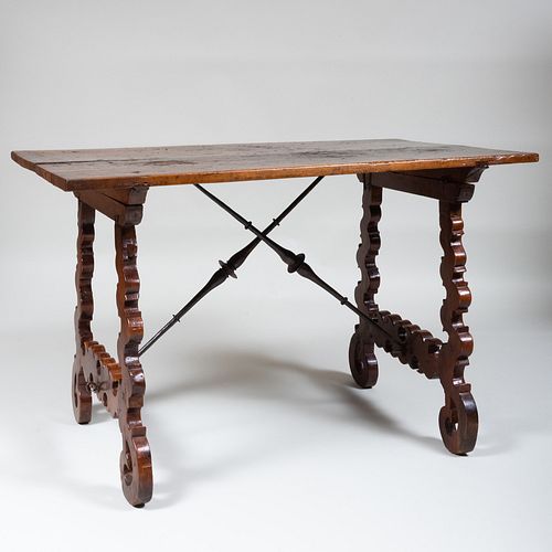 Italian Baroque Walnut and Iron Trestle Table, Possibly Spanish