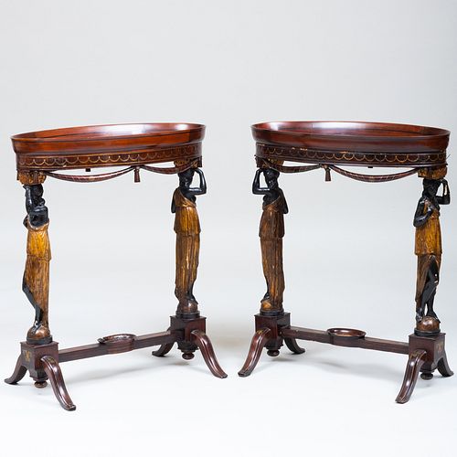 Pair of Italian Neoclassical Brass-Mounted Mahogany, Ebonized and Parcel-Gilt Side Tables