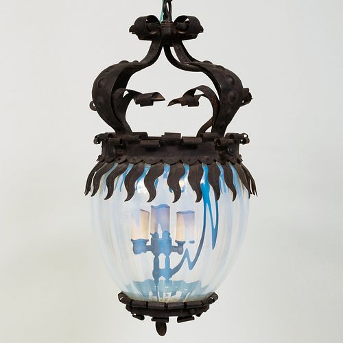 Wrought Iron and Opalescent Glass Three-Light Hall Lantern
