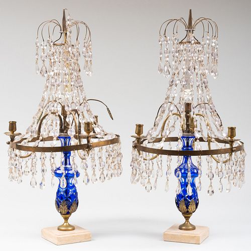 Pair of Swedish Brass and Blue Glass Three-Light Candelabra