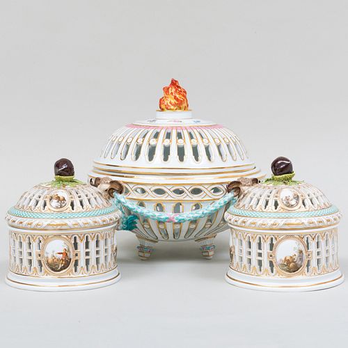 Meissen Porcelain Openwork Bowl and Cover and a Pair of Openwork Baskets