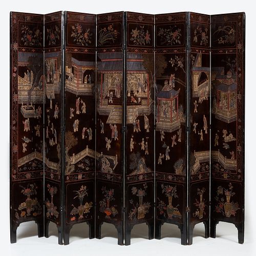 Chinese Brown Lacquer Coromandel Eight Panel Screen