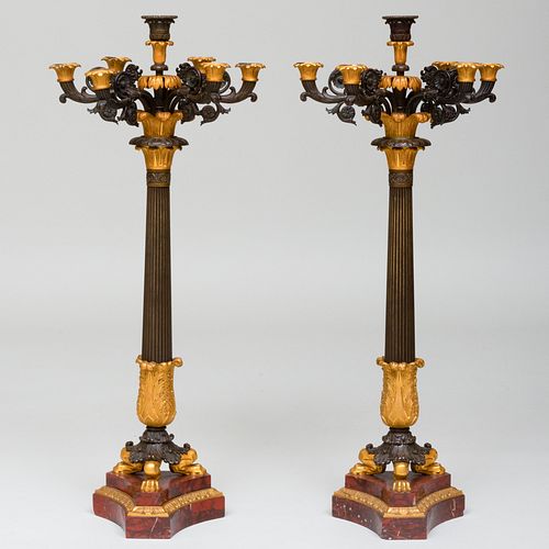 Pair of Large Charles X Ormolu and Patinated-Bronze Seven-Light Candelabra on Marble Bases