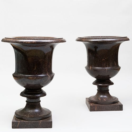 Pair of Massive Swedish Neoclassical Porphyry Urns, the Model Designed by Louis Masreliez