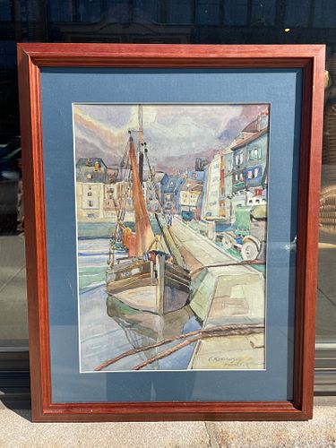 Harbor by E Konopatzky Watercolor in Frame 