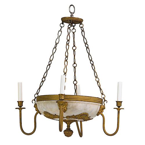 EMPIRE STYLE GILT METAL AND ALABASTER CHANDELIER