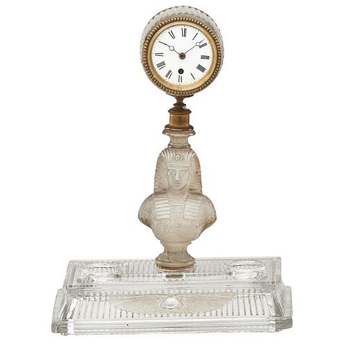 EGYPTIAN REVIVAL GLASS FIGURAL INKWELL CLOCK