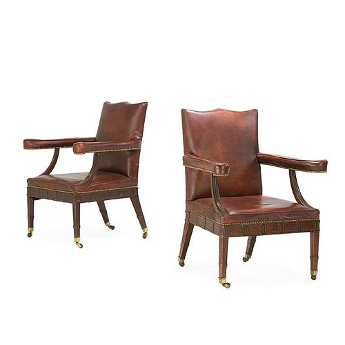 PAIR GEORGE III STYLE MAHOGANY LIBRARY ARMCHAIRS