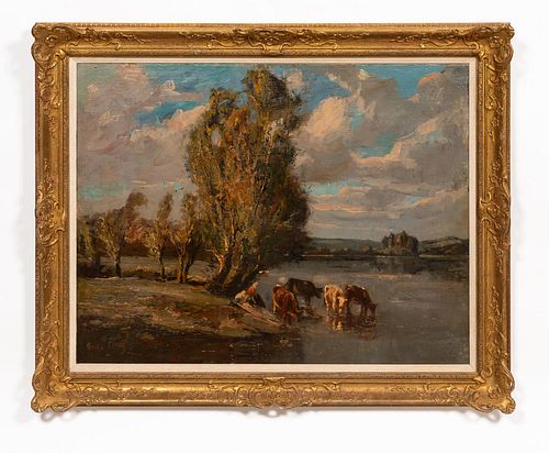 JULES LEROY, LANDSCAPE WITH COWS, GILTWOOD FRAME