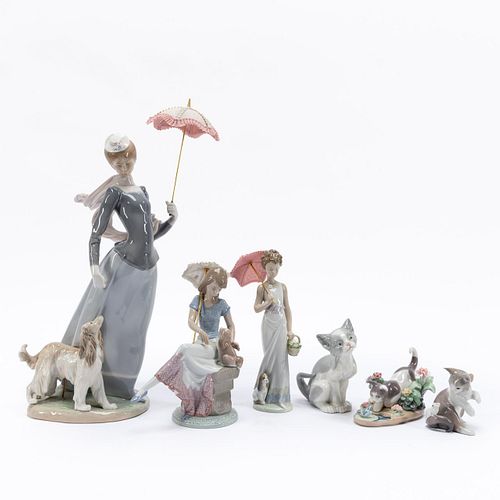 LLADRO, GROUP OF SIX, FIGURES WITH CATS & DOGS