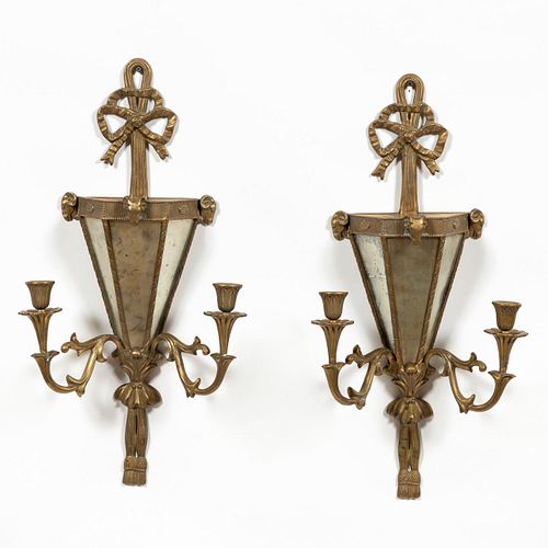 PAIR, BRASS TWO LIGHT RAMS HEAD MIRRORED SCONCES