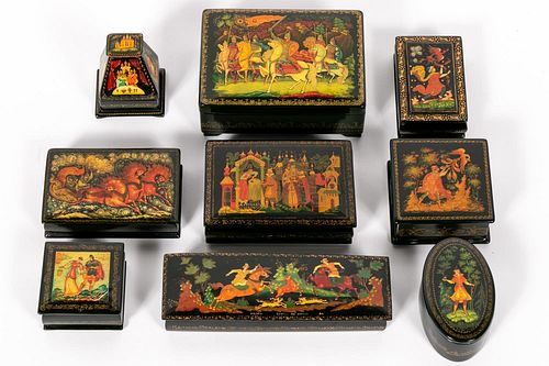 NINE RUSSIAN LACQUERED BOXES, FAIRY TALES & HEROES