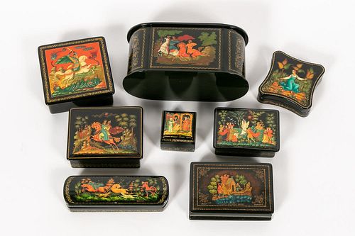 8 RUSSIAN LACQUERED BOXES, HEROES & FAIRY TALES