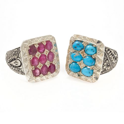 Two Gent's Turquoise, Treated Ruby, Persian Silver Rings