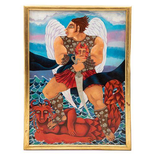 HORTENSIA BUENO SÁNCHEZ. San Miguel Arcángel en el amor. Firmado y fechado 2009. Óleo sobre tela. 120 x 80 cm. Enmarcado.
