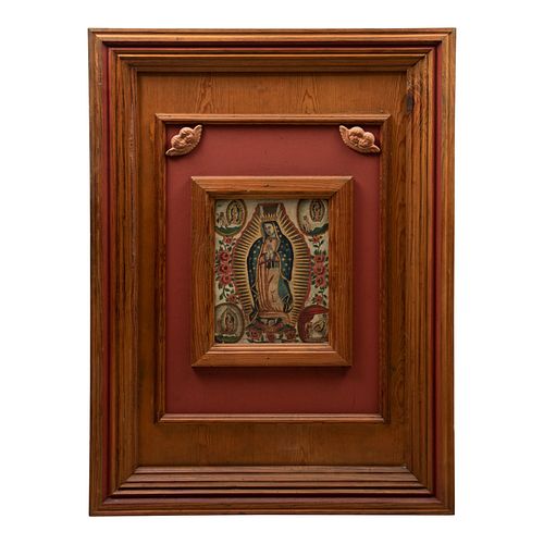 ANÓNIMO. México, sXX. Virgen de Guadalupe con las 4 apariciones. Óleo sobre tabla. Enmarcada en madera. 35 x 25 cm.