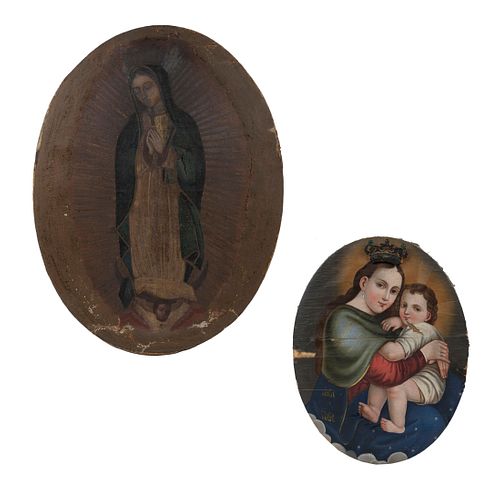 ANÓNIMOS. Virgen del Refugio y Virgen de Guadalupe. Óleos sobre tela. Diseños ovales. 84 x 65 cm (mayor). Piezas: 2