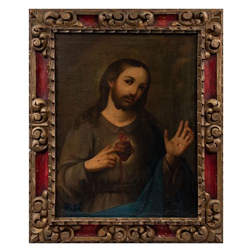 ANÓNIMO. México, SXIX. Sagrado corazón de Jesús. Óleo sobre tela. 63 x 47 cm. Enmarcado.