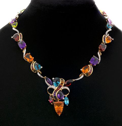 18 kt yellow gold necklace with amethysts, citrines, topazes and diamonds, brilliant cut