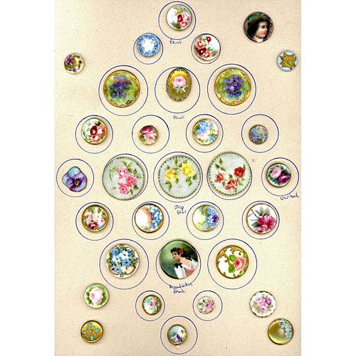 A FULL CARD OF DIVISION 1 AND 3 CERAMIC STUD BUTTONS