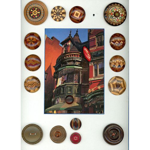 A CARD OF ASSORTED WOOD & WOOD MARQUETRY BUTTONS