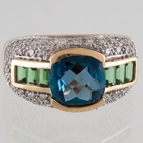 Blue Topaz and Tsavorite Garnet Ring with Diamonds 